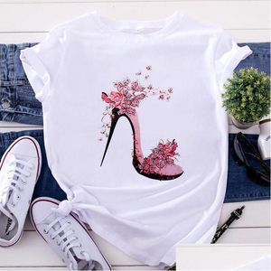 Mulheres T-shirt Manga Curta Branco Tops Sapatos de Salto Alto Impresso Camiseta 2022 Mulher Camisetas Verão Tee Femme Moda Roupas Drop Deliv Dhb9i