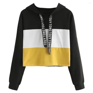 Hoodies femininos manga longa carta impressão fita cordão moletom com capuz colorblock sexy recortado y2k pulôver ropa de mujer