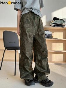 Kvinnors byxor Hanorange 2024 Spring Leaf Camouflage Wide Ben Cargo Women Pure Cotton Löst justerbar midjabyxor Army Green