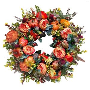 Decorative Flowers Garland For Front Door Indoor Outdoor Farmhouse Halloween Hanging Artificial Round Home Decor Fall Wreath Peony Pumpkin