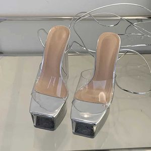 Sapatos de vestido modelo passarela claro sandálias plataforma chunky moda cruz cinta pólo dança salto alto pvc sapatos transparentes para mulheres 2024 h2404010twz