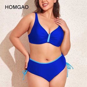 Women's Swimwear HOMGAO Blue V-Neck Bikini Set Womens Plus Size Two Piece Swimwear 2023 New Push Up Waiting Swimwear J240330