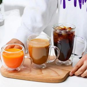 Vinglas med dubbla väggglaskoppar värme kallt beständigt te kaffemugg med handtag bärbar transparent öl whisky drinkware