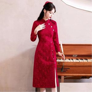 Этническая одежда 2023, винтажное китайское традиционное платье Ципао, современное красное платье с длинным рукавом Impd, женское платье Cheongsam, Прямая доставка Dhwfl