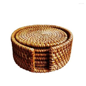 Tapetes de mesa 6 peças conjunto de rattan chá cerimônia pote titular almofada isolamento térmico marrom amarelo