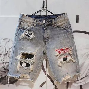 Verão masculino moda buraco denim shorts raspado cinco peças hip hop mendigo jogger calças masculinas shorts jeans 240327