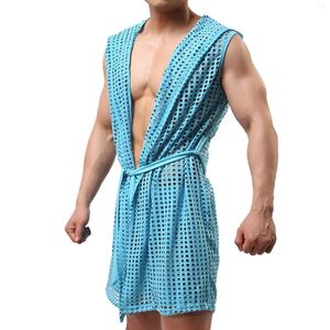Bras Sets Men Mesh Robes Sexy Bathrobe Sleepwear Sleeveless Sleep Lounge Wear(No Shorts) Kimono Exotic Lingerie