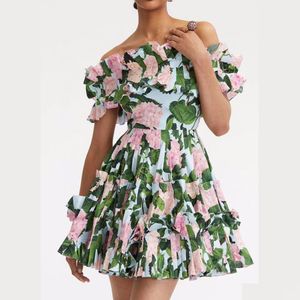 Vestidos Casuais Básicos 2023 Vestido Extravagante Mulheres Floral Impresso Reunido Cintura Slash Puff Manga Fit Flar Mini Drop Delivery Vestuário Dhilj