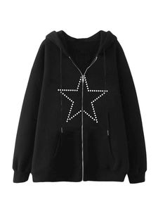 Women's Hoodies Sweatshirts Women s Y2k Skeleton Zip Up Hoodie Oversized Sweatshirt Rhinestone Skull Finger Long Sleeve Jacket Autumn Streetwear 240401