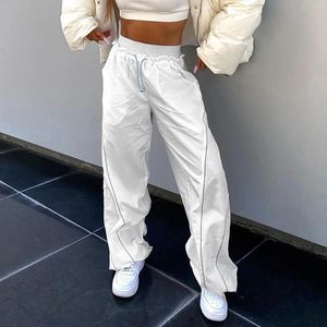 Calças femininas branco perna larga calças mulheres cintura elástica streetwear corredores moda roupas sólida carga feminina alta