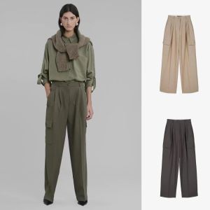 Primavera e outono novas calças de trabalho soltas moda commuter manga reta grande design de bolso para mulheres calças de trabalho