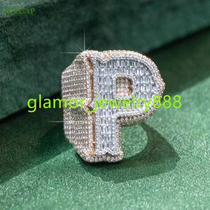Anello con lettera hip-hop VVS Moissanite all'ingrosso Anelli con lettera iniziale con diamante in argento 925 con taglio baguette personalizzato