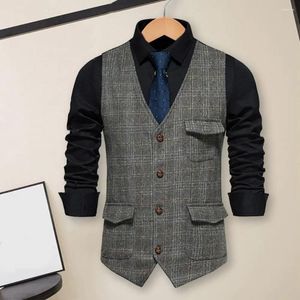 Men's Vests Retro Men Business Waistcoat Sleeveless Pockets Single Breasted Slim Fit Vest Coat Plaid Print Work