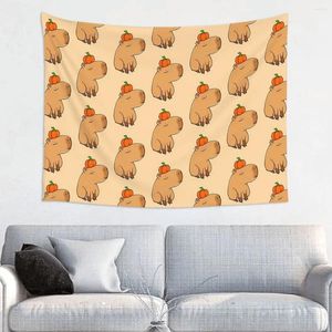 Tapestries Capybara Pumpkin Tapestry Hippie Polyester Wall Hanging Animal Lover Decoration For Bedroom Table Cover Retro