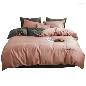 Bedding Sets 2024 Four-piece Simple Cotton Double Household Bed Sheet Quilt Cover Embroidered Piping Comfortable Pink-gray