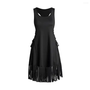 Lässige Kleider, schwarzes Trägerkleid für Damen, täglich, ärmellos, mit Schnürung, Quaste, einfarbig, Racerback, Mini-Robe