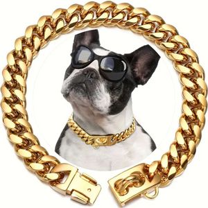 Strong Stainless Steel Gold Large Dog Collar with Safety Buckle 14MM Cuban Link Chain Training Necklace Walk Doberman Titanium