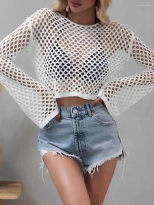 Mesh Crochet Beach Shirt Kvinnor Solid täcker damer långärmad toppar 2024 Sexiga strandkläder badare badbaddräkt