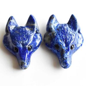 Pendant Necklaces Wholesale 2pcs/lot Fashion natural Lapis Lazuli Carved wolf head shape Pendants for Necklace jewelry making Free shipping 240330