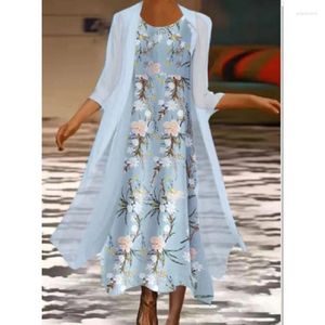 Work Dresses Women's Commuting Elegant Loose Waist Printed Blue Grey Cardigan & Dress Set Temperament Female Fashion Straight Sets