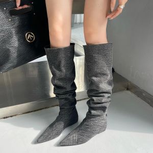 Boots Pointed Toe Women Knee High Boots Western Botas Flat Low Heels Black Blue Khaki Dress Shoes Woman Winter Booties Long Size 3539