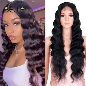 Synthetic Wigs Bella Synthetic Lace Wig Pink Color 28inch Ocean Deep Wavy Hair HD Lace Synthetic Wig For Black Women Cosplay Lolita Heat Resist Y240401