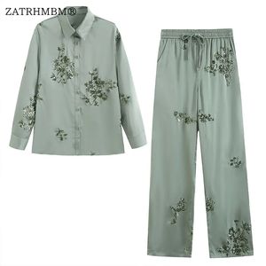 Zatrhmbm 2023 Womens Fashion Sequined Satin Shirt and Drawstring High midjebyxor Set Chic Youth Vacation Suit 240326