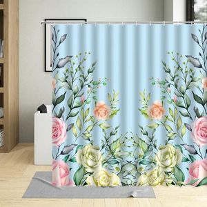 Cortinas de chuveiro verde floral planta à prova d'água decoração de banheiro flores suculentas flamingo impressão cortina com 12 ganchos banho