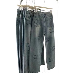 Ny design kvinnors höga midja lösa logotyptryck denim jeans byxor långa byxor smlxl