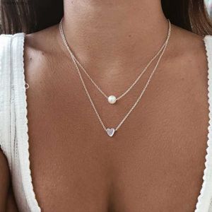 Pendant Necklaces New Double layered Womens Necklace Imitation Pearl Crystal Heart shaped Pendant Necklace Girl Gift Bohemian Cheap JewelryL2404