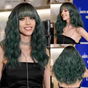 Synthetic Wigs NAMM Ombre Green Wig for Women Daily Party Cosplay Natural Long Wavy Synthetic Hair Wigs with With Bangs Heat Resistant Fiber Y240401