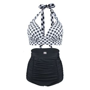 Plus Size Damen Neckholder-Bikini-Set mit hoher Taille, Push-Up-Badeanzug, kariert, Vintage-Stil, sexy Strand-Badeanzug, Badebekleidung, Retro, XXL, XXXL 240327