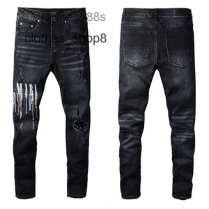 Designer Jeans Trend amirrs-fluid spray painted colorful letter hole patch elastic tight legged jeans 54WT