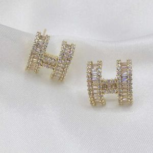 Luxo h marca clássico diamante charme moda noivado anéis de orelha banhado a cobre 14k diamante completo luz luxo highend com logotipo com logotipo