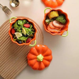 Garrafas de armazenamento Forma de tigela de abóbora com tampa Cerâmica Sopa Salada Cereal Forno Assadeira Dupla Alça para Halloween