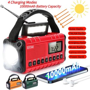 Rádio 10000mAh Solar Manivela Rádio FM AM WB NOAA Rádio Meteorológico Carregamento USB Lanterna LED de Emergência Banco de Potência com 4 Modos de Carga