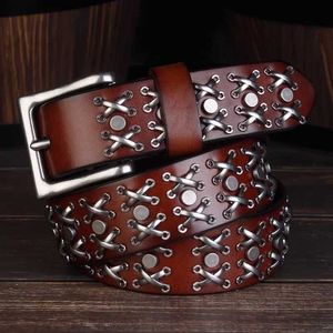 Belts Studded heavy metal style with handcrafted genuine leather punk rock style mens denim belt with retro tactical belt denim belt Q240401