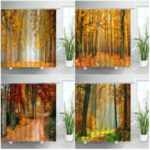 Shower Curtains Autumn Forest Landscape Curtain Maple Trees Road Plants Fallen Leaves Rural Scenery Wall Hanging Bathroom Decor