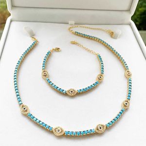 Chain 2024 HIGH Quality Fashion 3mm Prong Set CZ Tennis Chain Turquoises Stone Turkish Evil Eye Charm Bracelets Necklace Party Jewelry Q240401