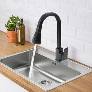 Kitchen Faucets 14.7 Inch Black Square Brass Pull Out Sink Faucet Rotatable Cold And Mixer With Two Functions Spray