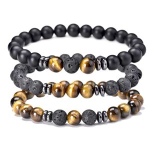 Kedja 8mm 3-delad/set Mens Natural Stone Bead Armband Tiger Eye Black Lava Holite Jewelat Agate Elastic Armband Q240401