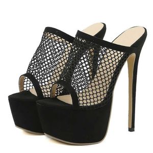 Sapatos de vestido 2024 novo peep toe plataforma saltos preto mes sandálias de verão moda deslizamento em slides mulheres le festa stripper sapatos h240401