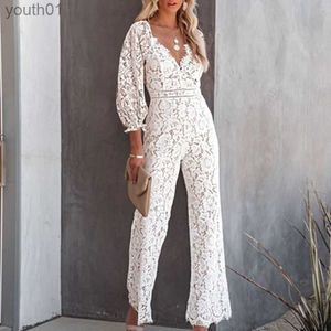 Basic Casual Dresses Sexy Lace Hollow V-Neck Jumpsuit Women 2022 New Fashion Seven Points Sleeve Long Elegant Temperament Solid Slim Romper yq240402