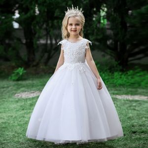 Formell tyllblomma brudtärna flickor klänning vestido vit bröllop prinsessor prom barn party klänningar för båge födelsedagsdräkt 240318