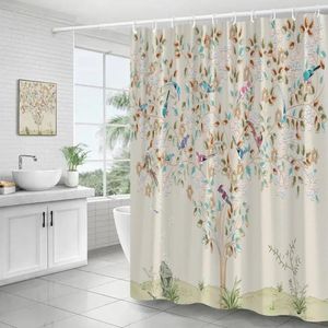 Shower Curtains Flowers Birds Creative Pink Floral Tree Plant Chinese Style Art Polyester Fabric Bathroom Decor Bath Curtain Set