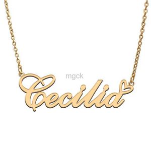 Pendant Necklaces Cecilia with Love Heart Name Necklace for Women Stainless Steel Jewelry Nameplate Pendant Femme Mother Child Girls Gift 240330