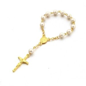 Ręcznie robione z koralikami szklane szklane pasma Pearl Bade Bransoletka Baptism Communion Dift Catholic Cross Finger Chain Mini Rosary Bracelets Girl Dh9do