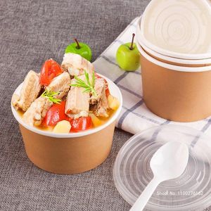 Disposable Cups Straws 50pcs Kraft Paper Soup Bowl Food Bucket Ice Cream Cup Round Dessert Porridge Takeaway Packaging Box With Cover