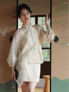 Etniska kläder 2 st. Set vit traditionell kinesisk stil modern spetsjacka tang kostym grön topp sommar kvinnor hanfu blus halva kjol