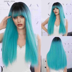 Syntetiska peruker Namm Long Straight Blue Lake Top Dye Wig With Bangs For Women Popular Sweet Synthetic Wig For Daily Cosplay Y240401